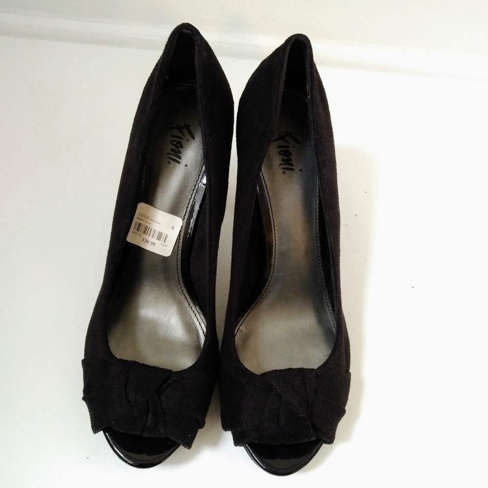 Black, faux suede, peep-toe heels